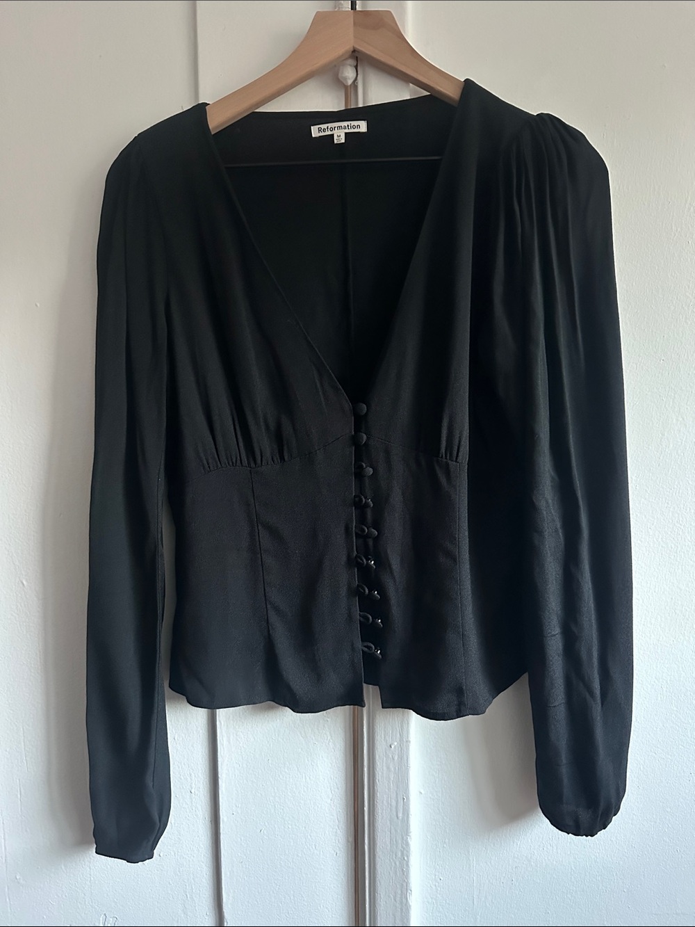 Reformation Black Button-Front V-Neck Long Sleeve Blouse